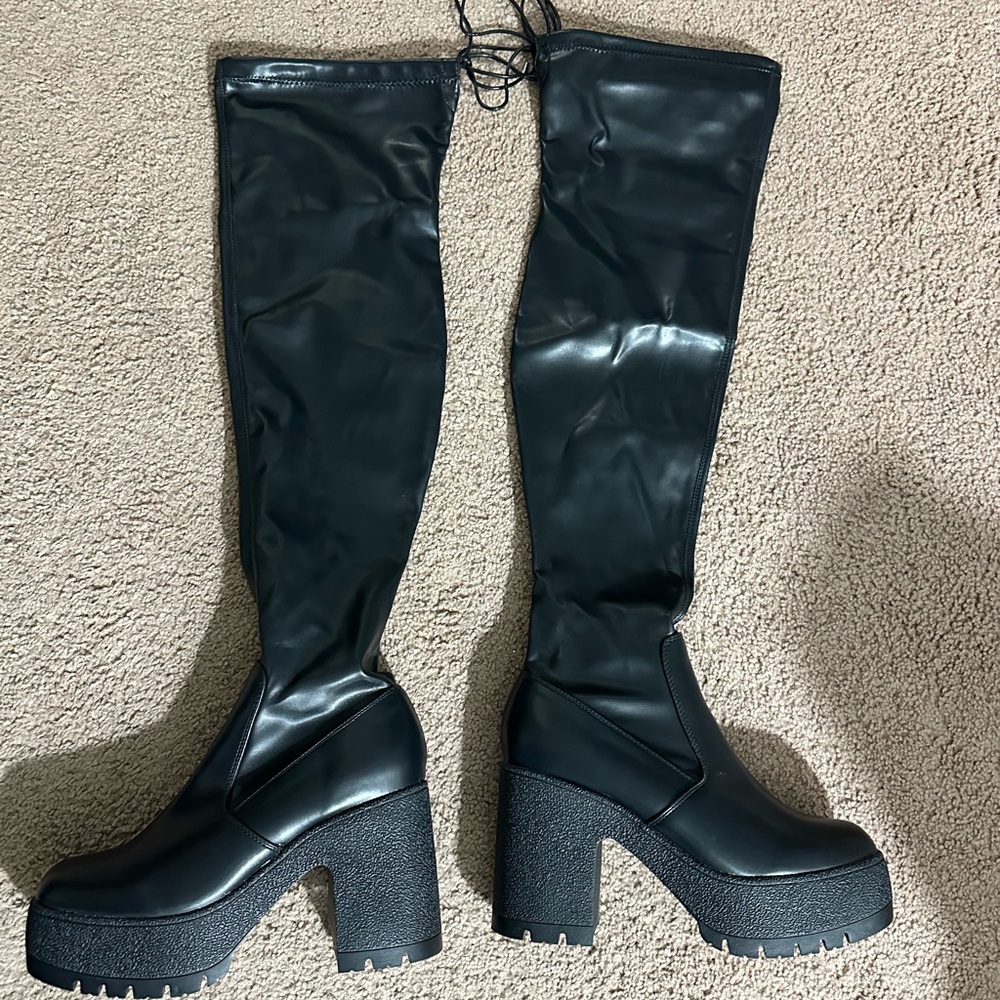 BAMBOO Black Goth Chunky Heel platform Over the Knee Boots thigh high